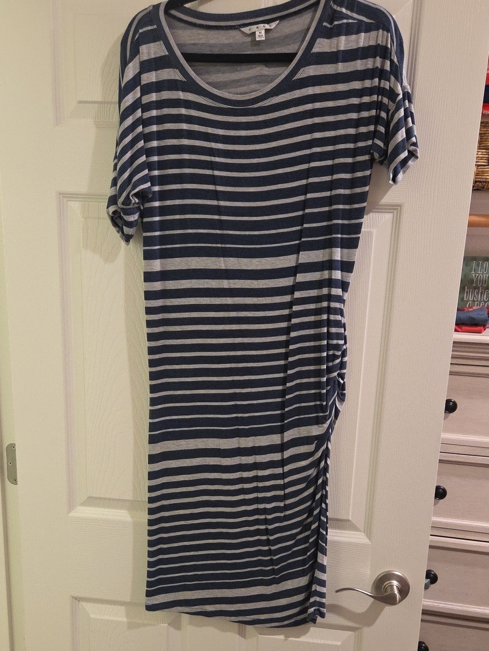CAbi Navy and White Striped Crewneck Dress